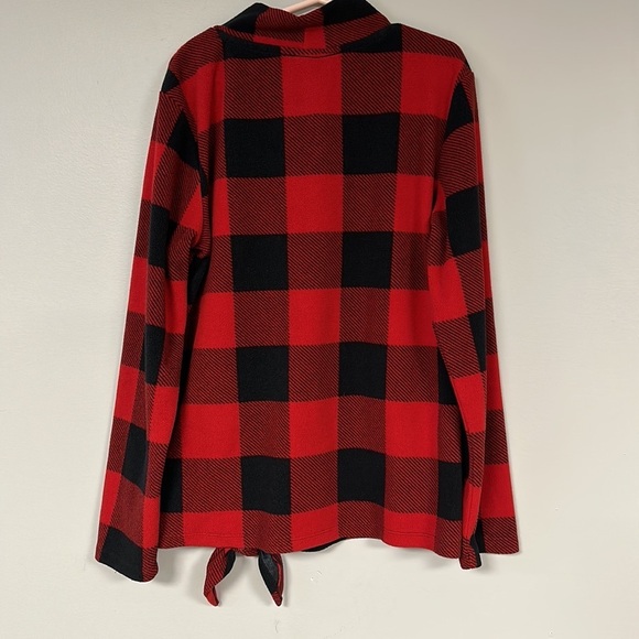 Old Navy red & black plaid pullover with tie at hem, mock turtleneck, L 10/12 - Picture 3 of 7
